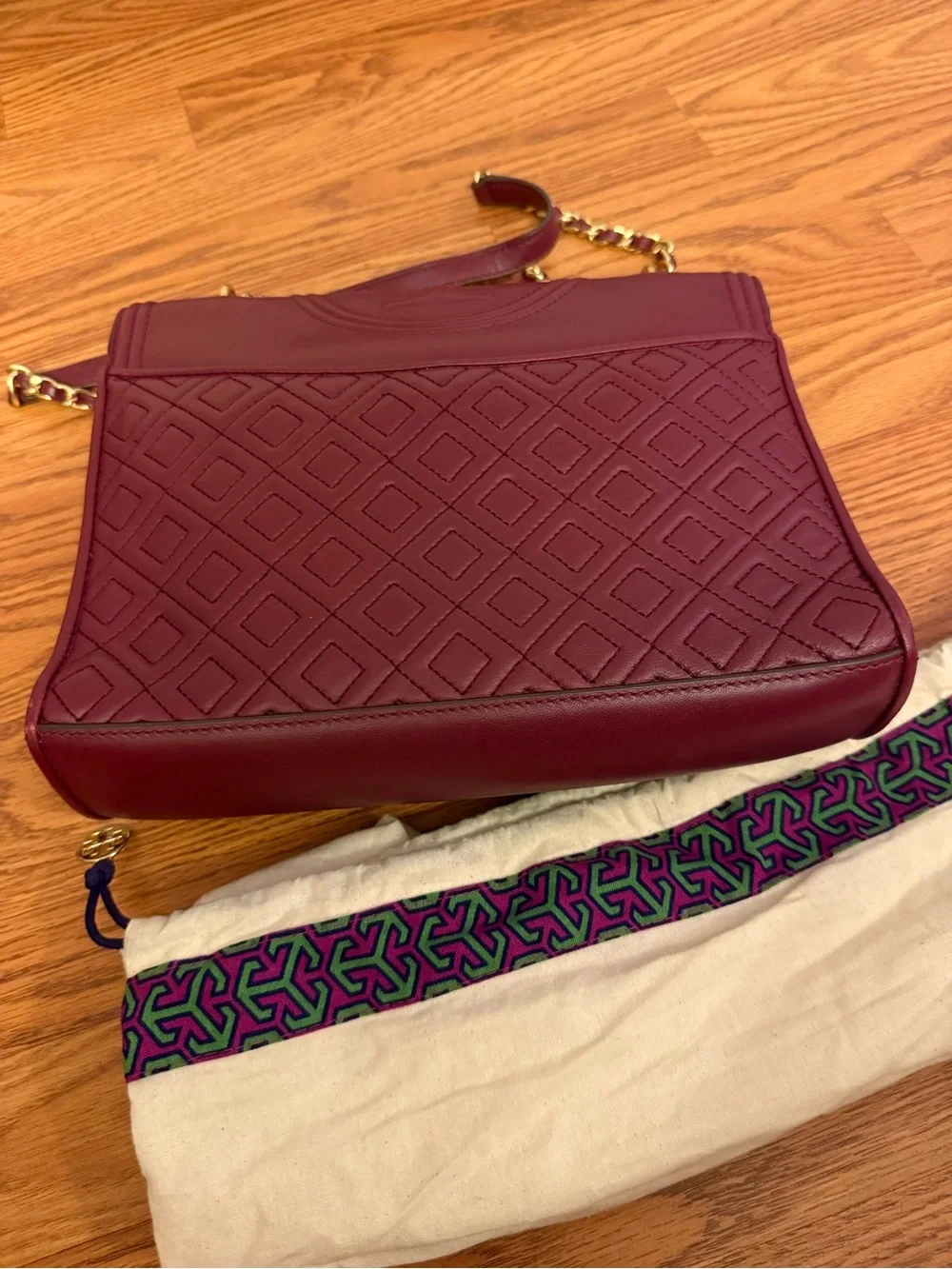Tory Burch Quilted Shoulder Bag in Deep Wine with Gold Chain
